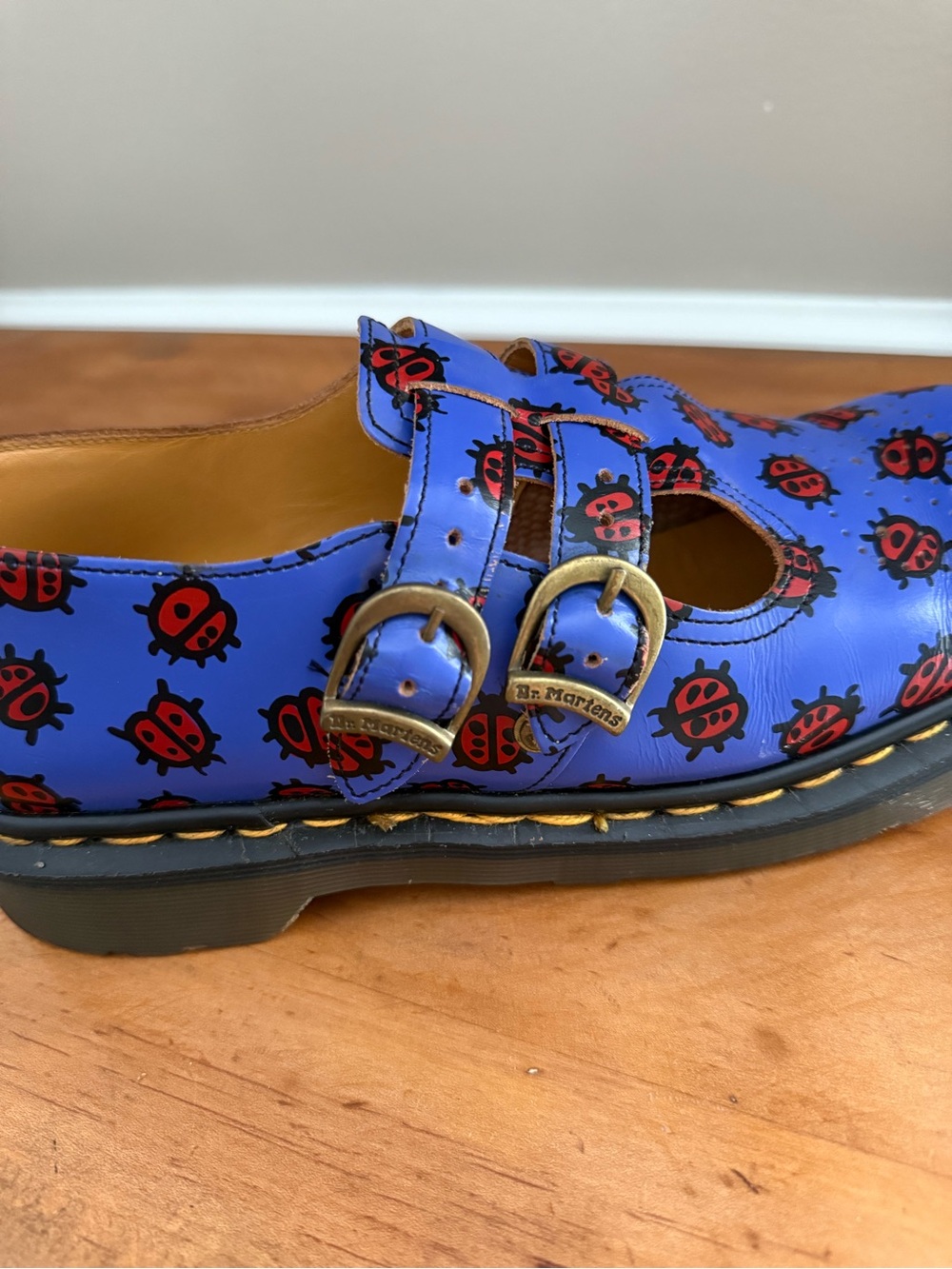 Dr. Martens Women’s Blue Leather Mary Jane Flats Ladybug Print Buckle Straps - Picture 4 of 7